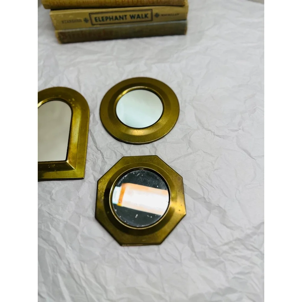 Vintage Brass Miniature Wall Mirror Set 3 Piece Arched Round Octagon Gold Tone